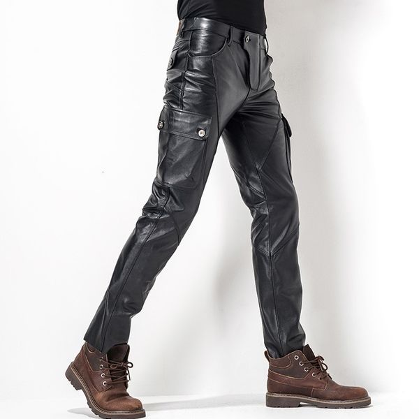

euro brand new motorcycle men's leather pants pants leather bag leather cutting style fashion men's pencil pants, Black