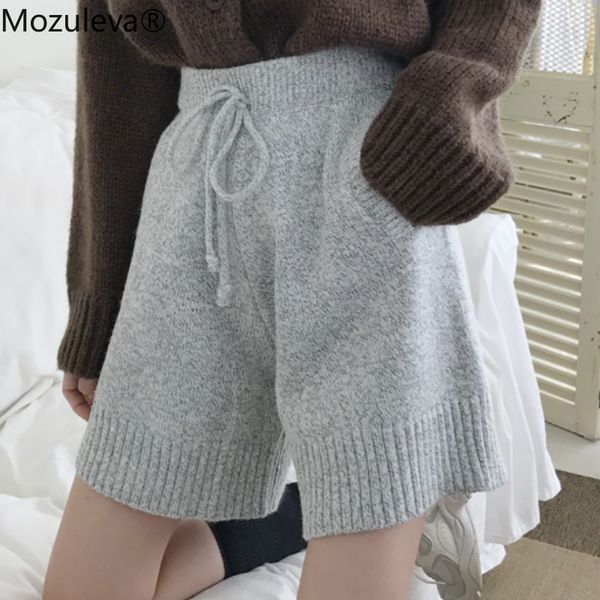 

mozuleva autumn winter women thread woven knitted shorts lace up loose female casual wide legs shorts all match lady femininas, White;black