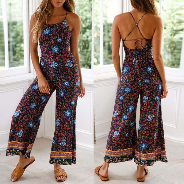 

2019 spring fashion womens floral print wide leg pants long jumpsuit bandage backless strappy playsuit for female ladies, Black;white