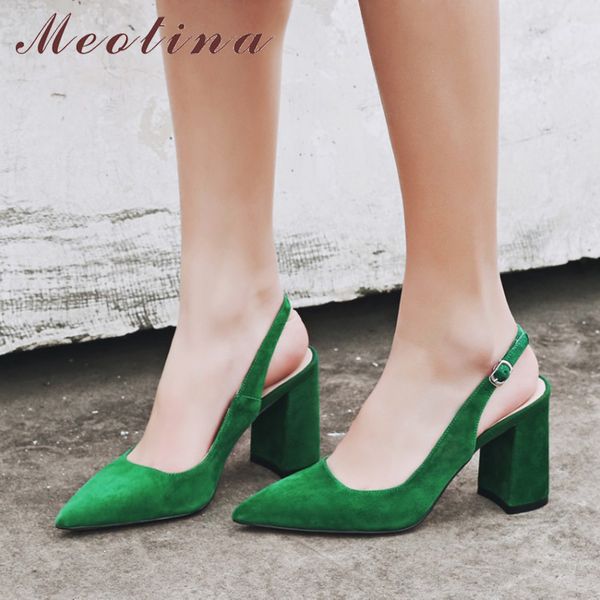 

meotina women shoes kid suede high heels pointed toe slingbacks thick high heel pumps autumn lady party heels green beige 34-42, Black