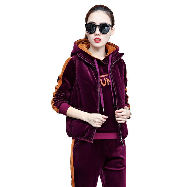 

повседневный 3 шт наборы женщины спортивные костюмы 3092 зимние теплые рукавов жилет длинный рукав толстовки пуловер и бегуны брюки женские, Gray