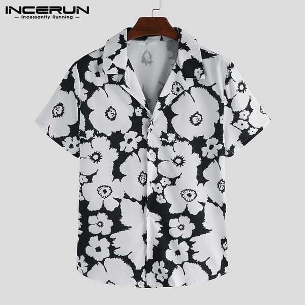 

incerun fashion floral print shirt men short sleeve slim turn-down collar hawaiian shirts men street casual beach camisa s-3xl, White;black