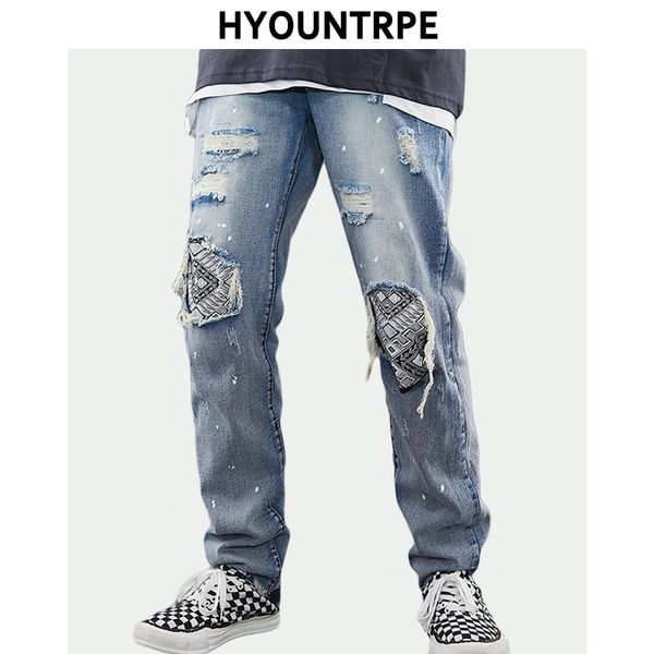 

knee patchwork jeans for men hip hop casual biker taped zipper jean trousers denim pants new spring fashion streetwear joggers, Blue
