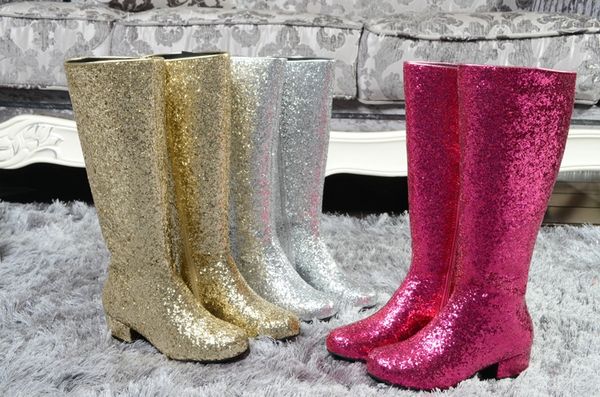 

fashion bling glitter leather women knee high boots comfort thick heel side zipper fall winter boots dress boots sliver gold, Black
