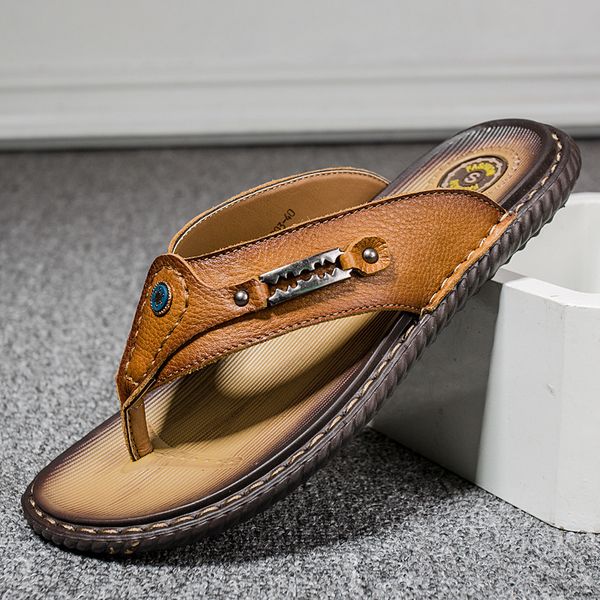 

slippers summer style cowhide flip flops casual leather flop men retro beach shoes, Black