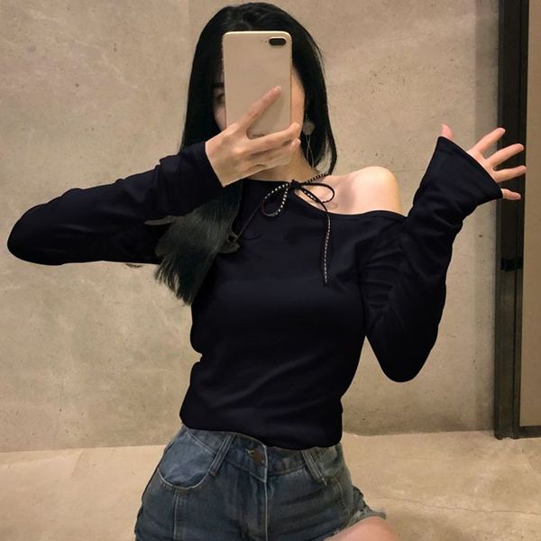 

women's t-shirt fashion cutout strapless lace-up slim thin long sleeve white