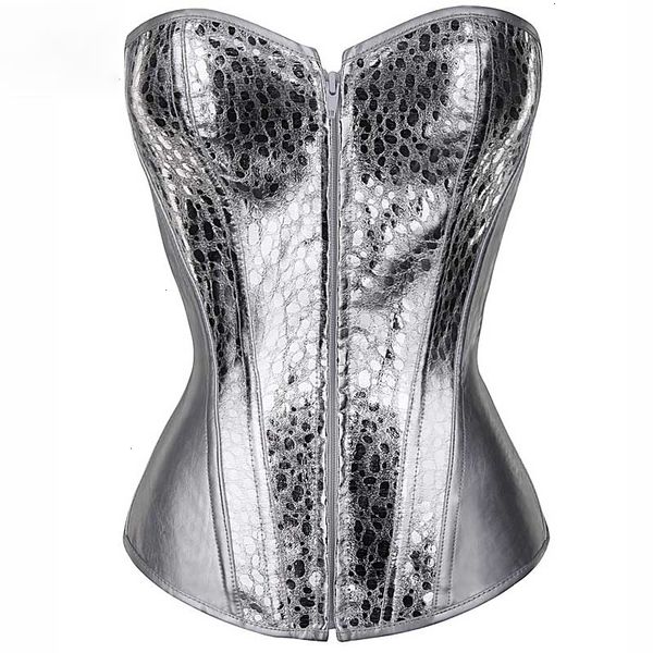 

wholesale corsets silver corset shining twinkle faux leather overbust bustier front zipper blink corselet elastic gothic clubwear korset, Black;white