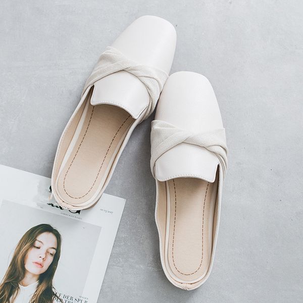 

low slippers casual female shoes butterfly-knot square toe slides mules for women 2020 luxury new cover flat pu rubber fashion, Black