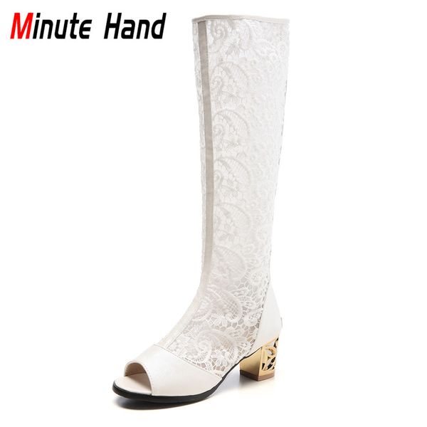 

minute hand new fashion peep toe summer boots women breathable lace knee high boots chunky heels concise shoes plus size 33-46, Black