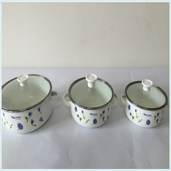 

1-2 litre 3pcs soup pot cooking tools enamel casserole pots set mini kitchen utensil with glass cover