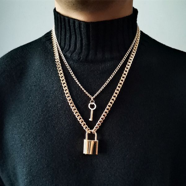 

diezi hip hop multilayer gold silver metal chain lock key pendant necklace couple punk geometric vintage necklaces for women men
