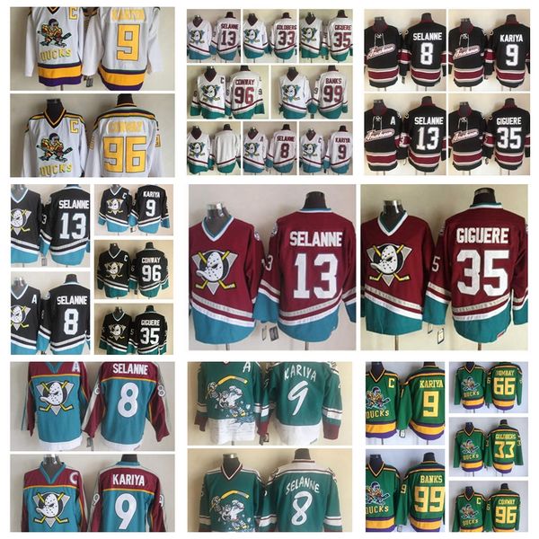 

fashion retro anaheim ducks jersey 96 charlie conway 9 paul kariya 66 gordon bombay 33 greg goldberg green mens stitched hockey jerseys, Black;red