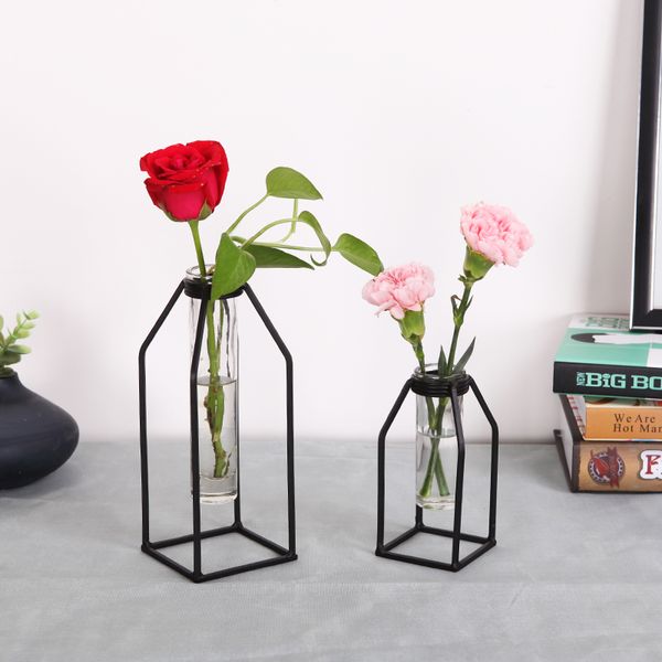 

creative modern glass vase table decoration nordic style hydroponics geometric wrought iron vase flower arrangement accessories