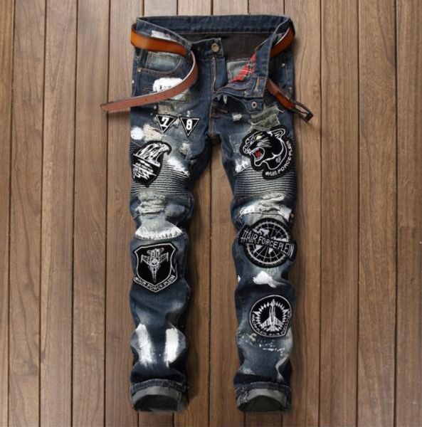 

bleached ripped embroidery tiger patchwork mens jeans slim biker jeans long denim pencil pants hommes fitting streetwear distressed jeans, Blue