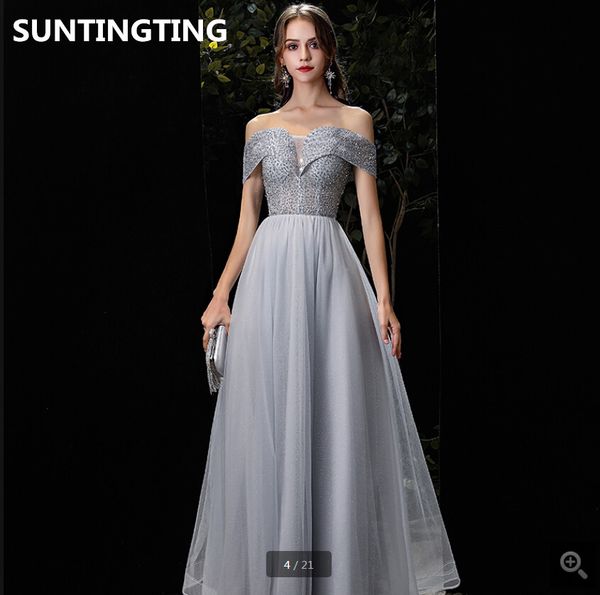

2020 robe de soiree silver tulle a line prom dress heavily beading crystals off the shoulder vintage prom gowns evening dresses sale, Black