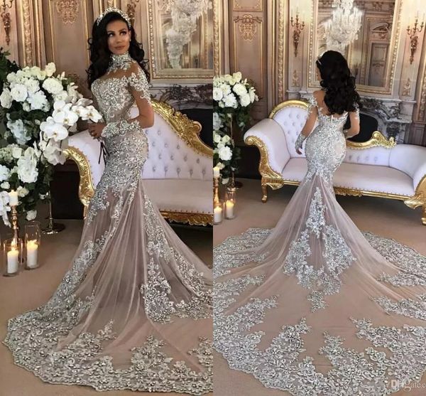 

2019 дубай арабский роскошные блестящие свадебные платья sexy bling бисером кружева аппликация высокая шея иллюзия длинные рукава русалка ча, White