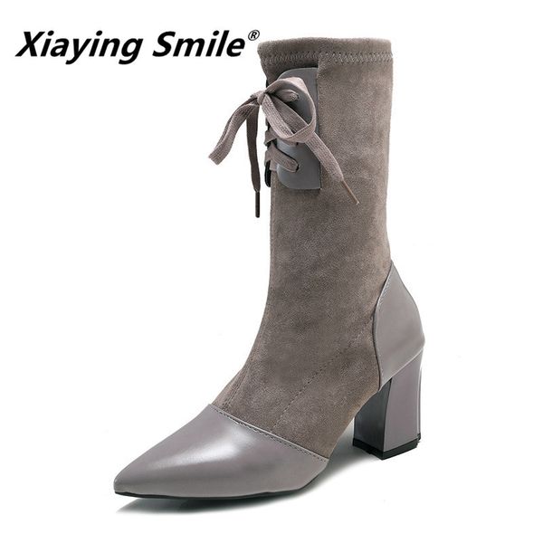 

xiaying smile winter mid-calf boots new style pointed toe solid laies fahsion casual lace-up flock women shoes t200425, Black