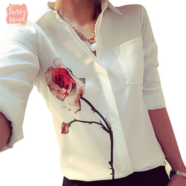 

women autumn blouses rose flower print long sleeve shirt turn down collar shirts plus size chiffon blouse, White