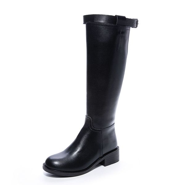 

winter leather upper high boots women's zipper anti-wrinkle joker mid-heel super soft plus velvet warm knight boots, Black