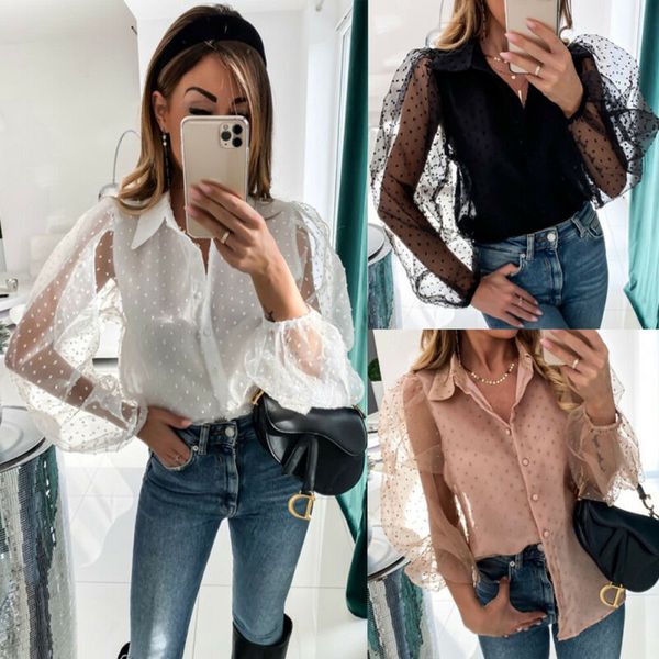 

офис дамы женщины с длинным рукавом в горошек см через воротник отложной puff рукавом сыпучие повседневный sexy отдыха работа блузы рубашка, White