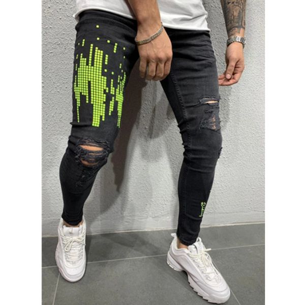 

европа и америка мужчины брюки большой размер с отверстиями zipper узкие штаны trend печатных черной ковбойской брюки мужские джинсы мужские, Blue