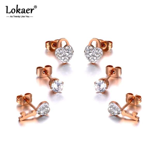 

lokaer trendy titanium stainless steel lock & key rhinestone earrings jewelry 3pair/set crystal earrings for women girls e20037, Golden;silver