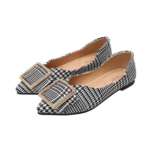 

women cloth shoes single flat loafers metal buckle lady slip on shallow flats pointed toe footwear plus size 42 43 zapatos mujer, Black