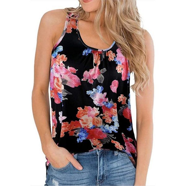 

women's summer new fashion floral print sleeveless u neck casual swing tunic tank beach party, White