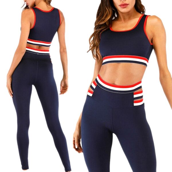 

women yoga suit tracksuit set crop tank fitness running leggings gym, White;red