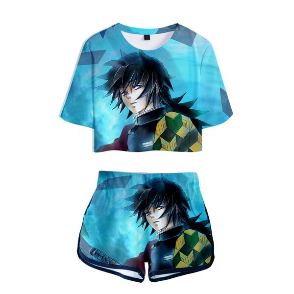 

2019 demon slayer women two piece set new album oversize navel short sleeve and short pants o-neck summer set xxs-2xl, White