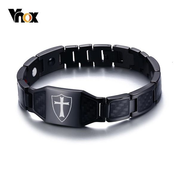 

vnox stylish carbon fiber knights templar shield magnetic bio energy bracelets for men cross faith therapy male pulseira 8.26, Golden;silver