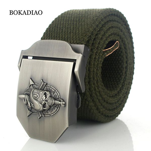 

bokadiao men&women canvas belt luxury skull metal buckle jeans belt army tactical belts for women waistband strap male, Black;brown