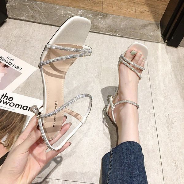 

sandals 7 cm stiletto women beige green thin heel summer shiny crystal narrow band open toe high heels, Black