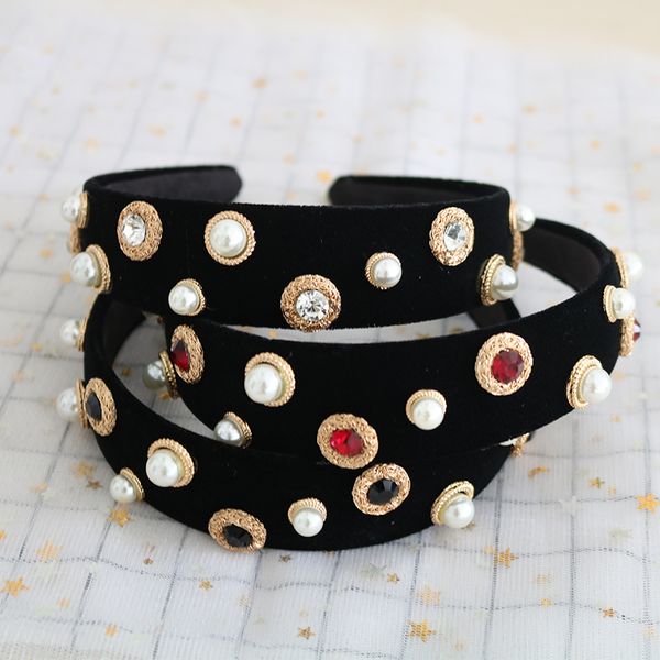 

2019 trendy pearls crystal jewelry handwork baroque crown wide hairband tiara wedding party gift indian antique hair accessories, Golden;white