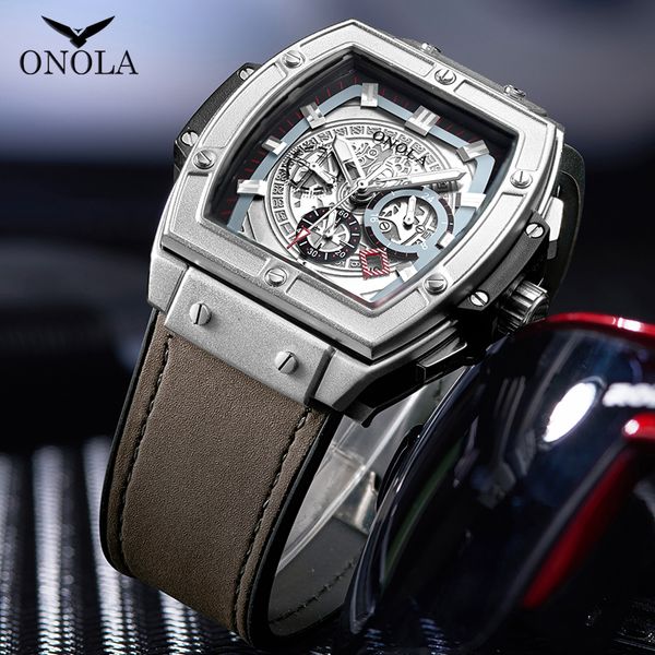 

onola tonneau square big quartz watch man 2019 multifunction lumious wristwatch fashion casual cool original man watch, Slivery;brown
