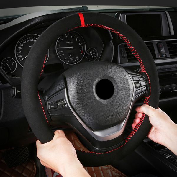 

38 cm suede fiber soft car steering wheel cover anti-slip mark car steering-wheel braid stitch on wrap with needle thread