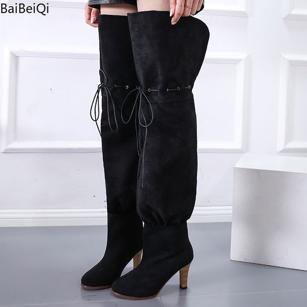 

new women casual over knee boots shoes women flock high heels wedding dress winter warm thigh high boots shoes woman botas mujer, Black