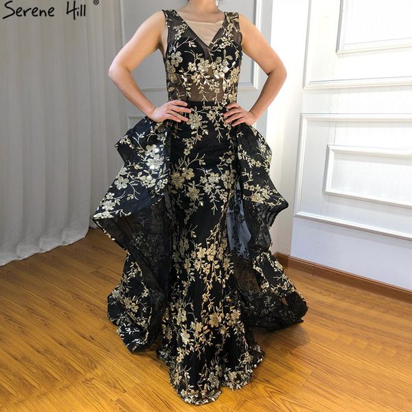 

2019 black v-neck fashion new evening dresses sequined sleeveless glitter luxury evening gowns serene hill la6552, White;black