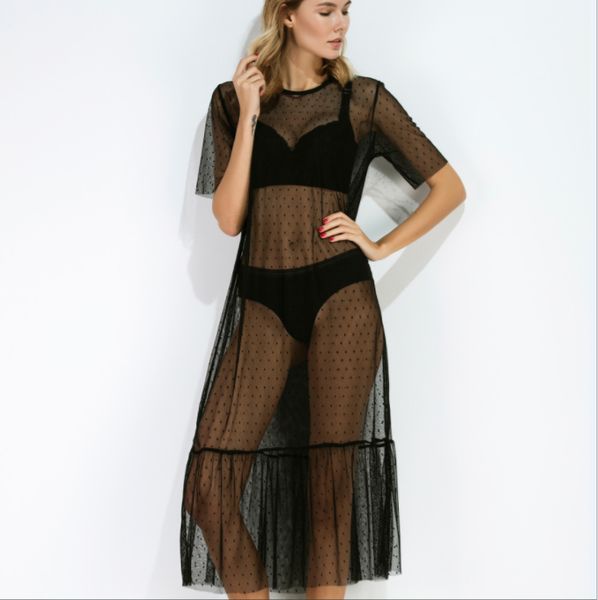 

explosion perspective lace dress beach bikini mid-length hood dress, Black;gray