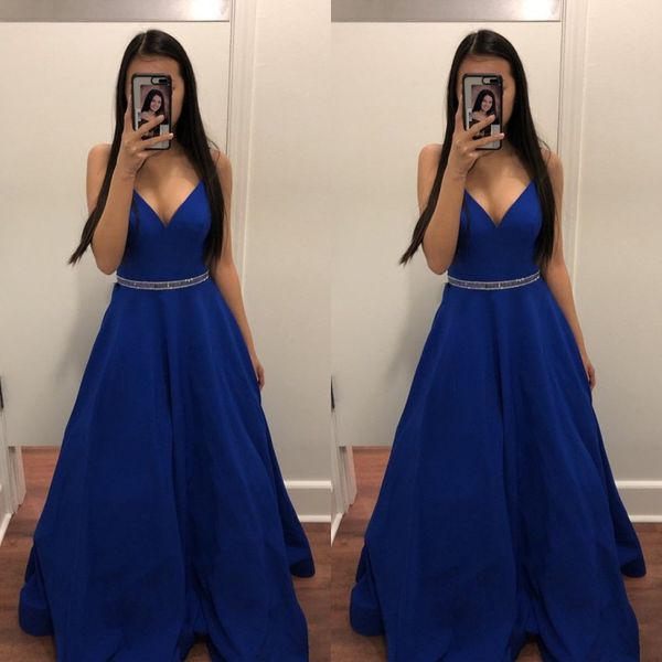 

wholesale- royal blue satin v neck prom dress simple floor length evening gown with crystal sash, Black