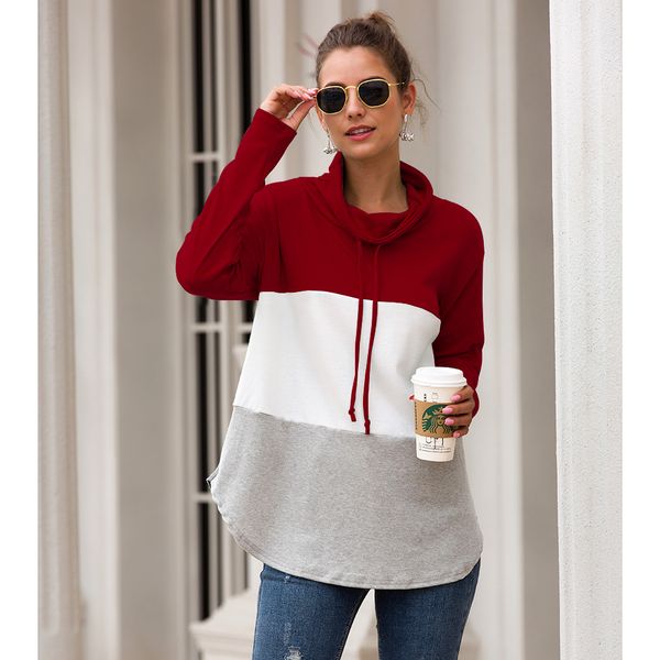 

minboutique fashion girl red wine women's autumn winter colorblock hooded drawstring hoody long sleeve loose hoody, Black