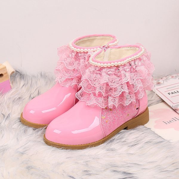 

new girls fashion boots princess pu leather boots autumn winter kids beading shoes fashion ankle boot with pink lace b399, Black;grey
