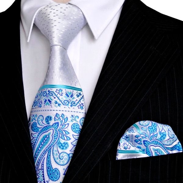 

dots paisley white blue azure yellow beige silver mens neckties tie set handkerchief 100% silk jacquard woven ing, Blue;white