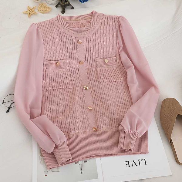 

fashion stitching chiffon long-sleeved sweater pocket autumn and winter korean version of the single-breasted short priming, White;black