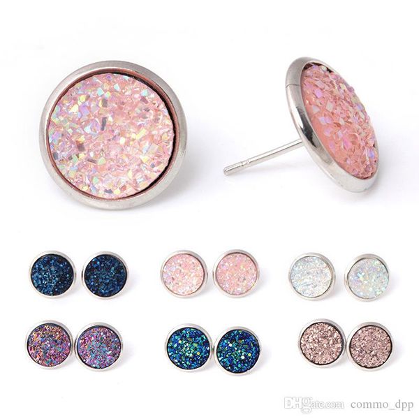 

resin druzy stud earrings for women simple shining tone hypoallergenic earrings female fashion jewelry gift, Golden;silver