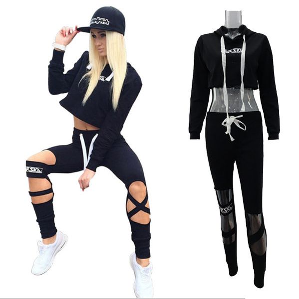 

women 2 pcs running set 2020 spring ripped holes crop hooded tracksuit workout clothes casual bandage sweatshirts sportswear, Black;blue