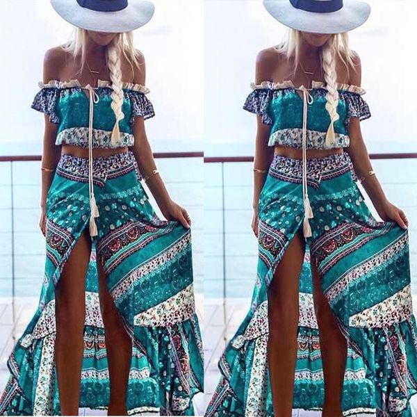 

active boho print summer women tracksuit two piece set slash neck ruffles crop +split long skirts beach maxi skirts suit, Gray