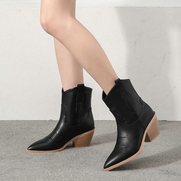 

2019 fashion shoes snake print autumn winter cowboy boots faux leather women boots wedges high heel ankle pointed toe, Black