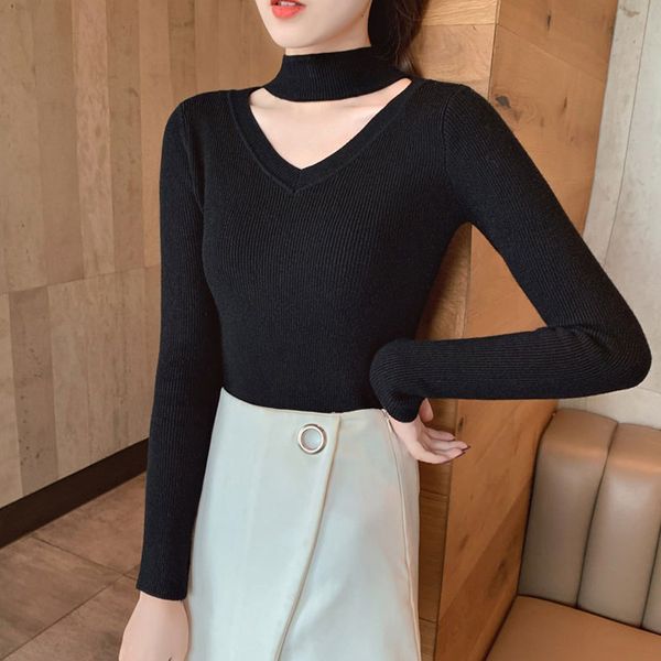 

autumn and winter new korean half-high v-neck long-sleeved solid color temperament sweater slim knit bottoming shirt, White;black