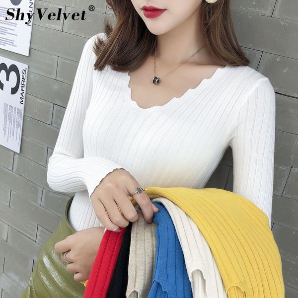 

2019 autumn winter knitted sweaters women wave v neck solid long sleeve pullovers elasticity slim jumpers pull femme, White;black